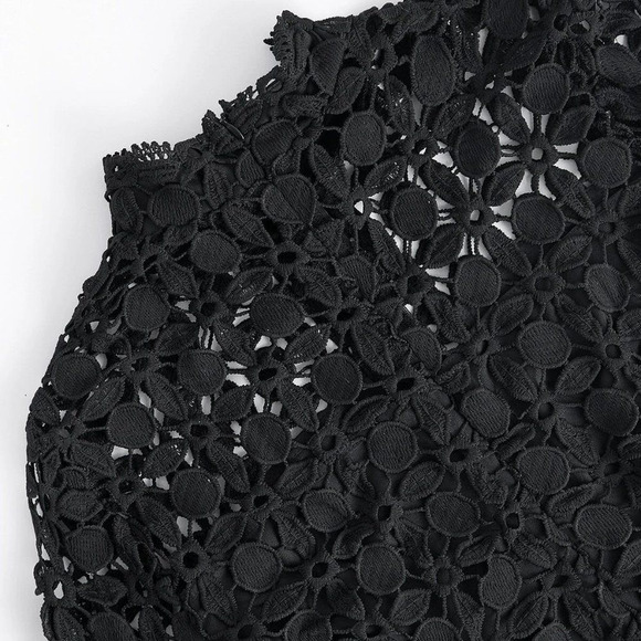 Elegant French Fit-n-Flare Cut Romantic Gupuire Lace Paneled Dress All Black - Picture 10 of 10